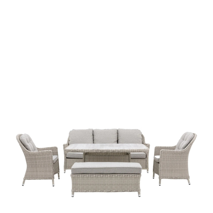 “Holton rectangle outdoor dining set with sofa, bench, armchairs and table on patio”
