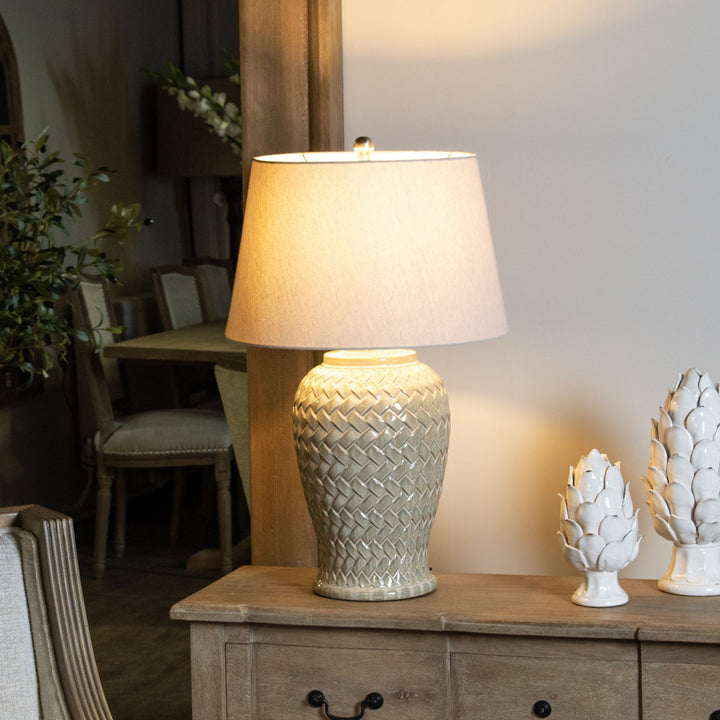Woven Ceramic Table Lamp With Linen Shade