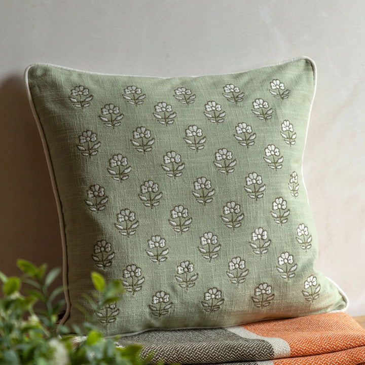 Ilkley Embroider Floral Cushion Sage