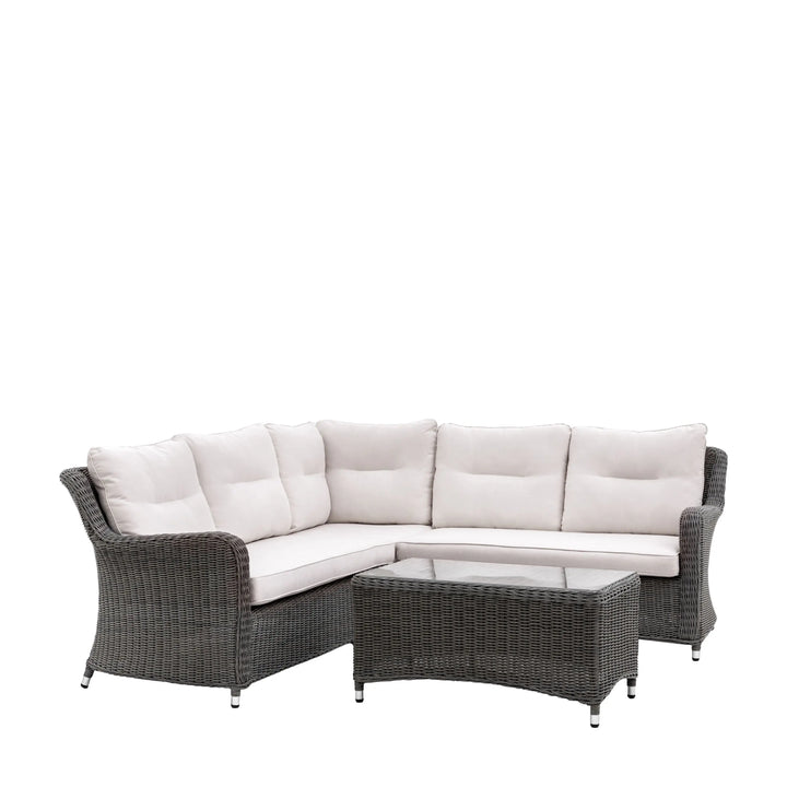 Elegant outdoor seating set with neutral-toned cushions, ideal for patios and gardens