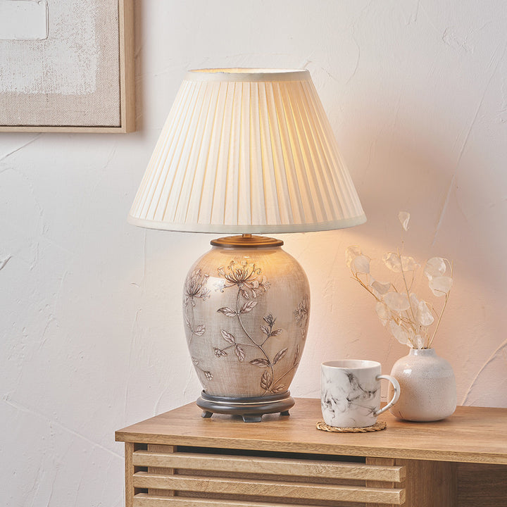 Honeysuckle Medium Glass Table Lamp Base with Bacall 30cm Almond Silk Knife Pleat Empire Lampshade