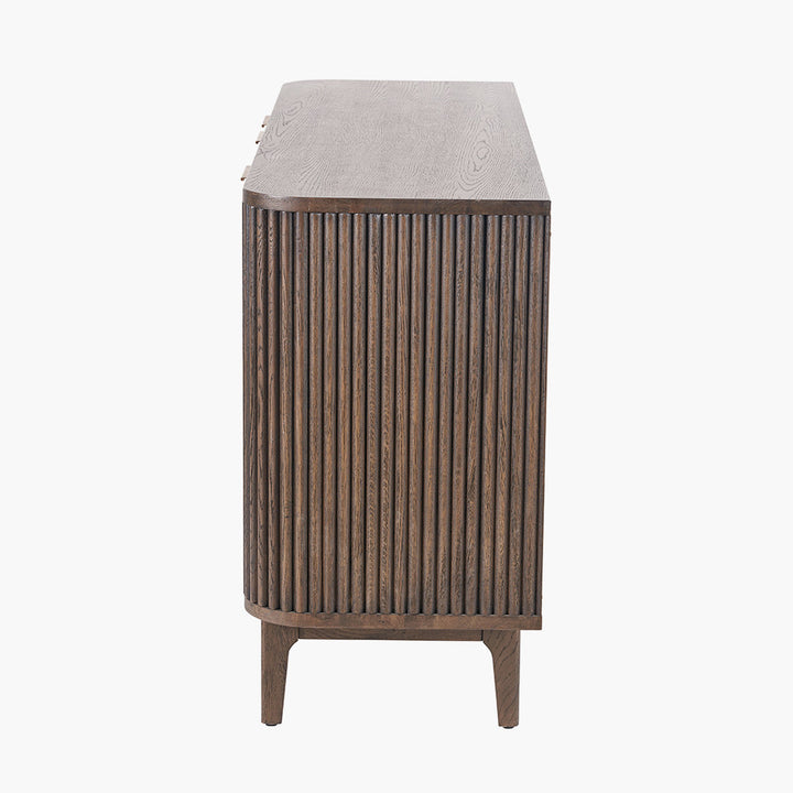 Raie Dark Brown Ribbed Oak & Pine Wood 3 Door Sideboard