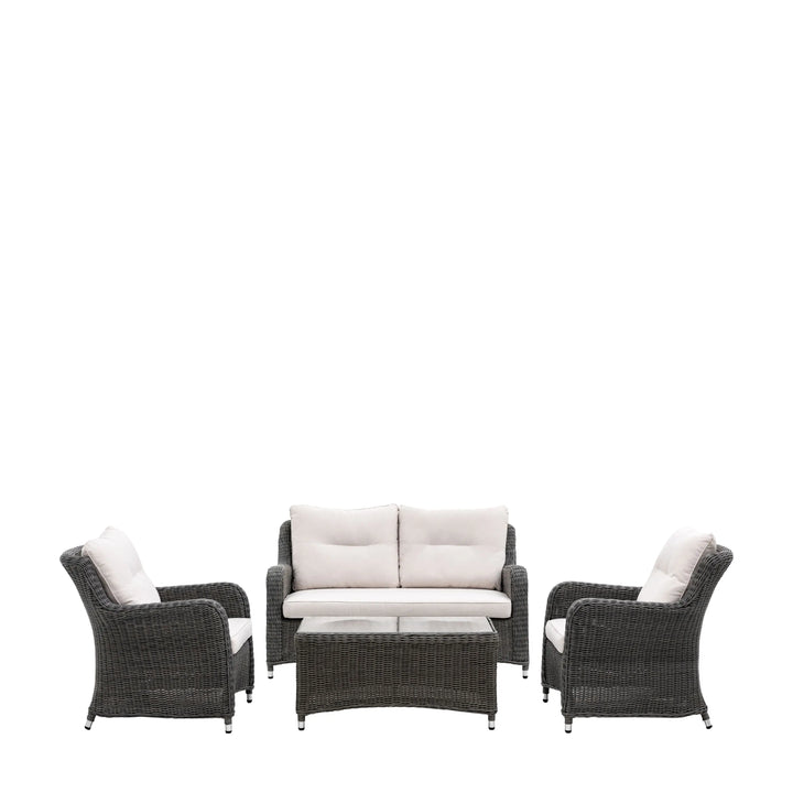 "Rattan garden seating set with plush cushions and neutral colour scheme"