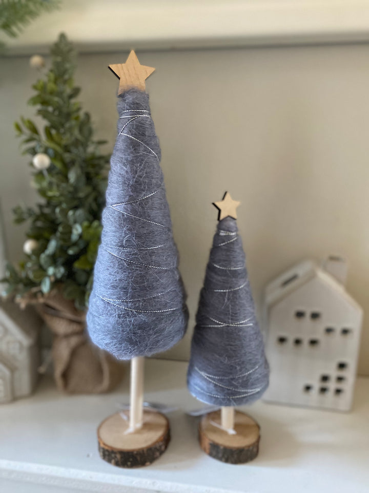 Pair of Woollen Grey And Wooden Tree Decoration