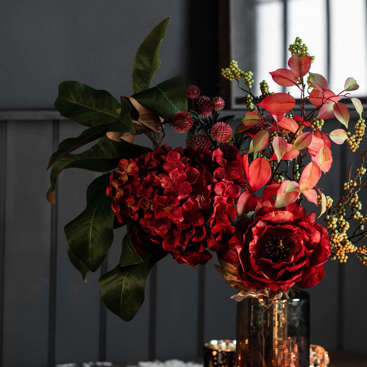 Hydrangea Velvet Stem with Leaves Ruby