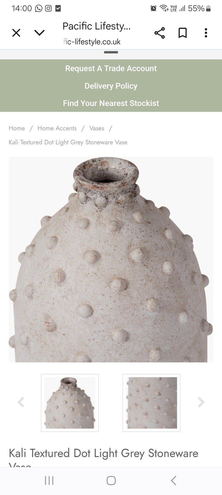 Kali Textured Dot Light Grey Stoneware Vase
