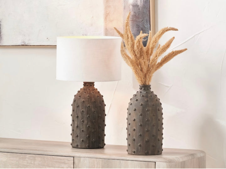 Kali Textured Dot Grey Stoneware Table Lamp Base with Lino 30cm White Self Lined Linen Cylinder Lampshade
