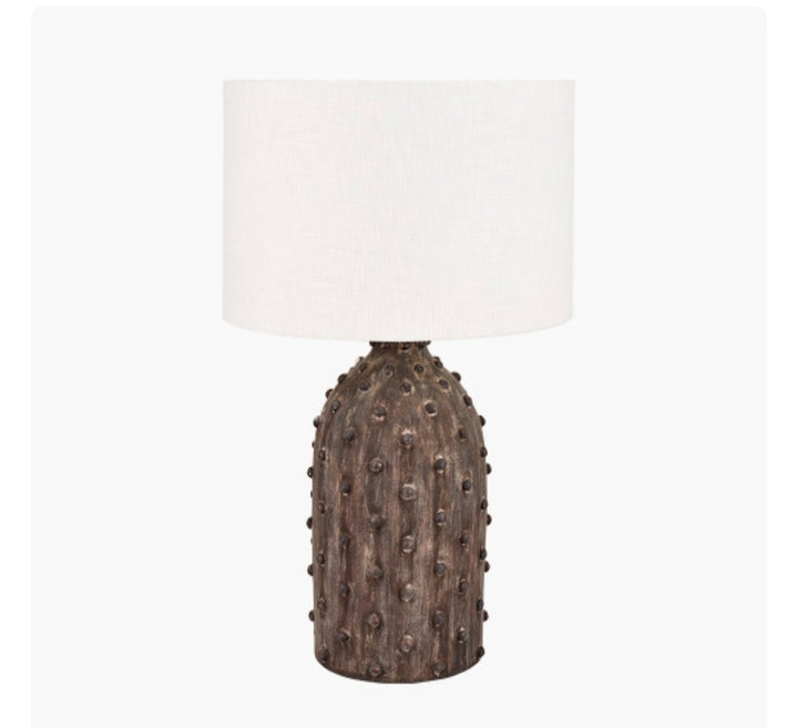 Kali Textured Dot Grey Stoneware Table Lamp Base with Lino 30cm White Self Lined Linen Cylinder Lampshade