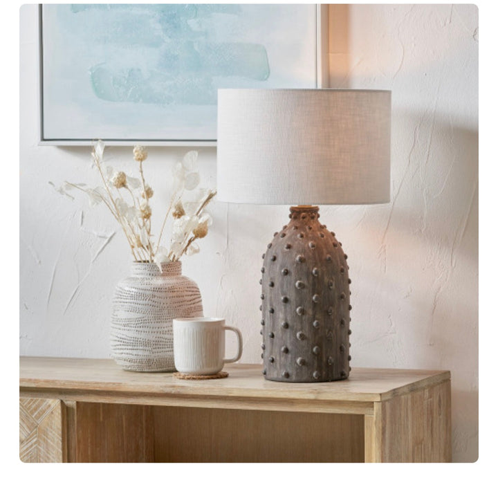 Kali Textured Dot Grey Stoneware Table Lamp Base with Lino 30cm White Self Lined Linen Cylinder Lampshade