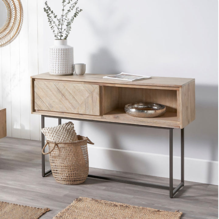 Marca Sand Wash Acacia Wood and Black Metal 1 Drawer Console/Free Delivery