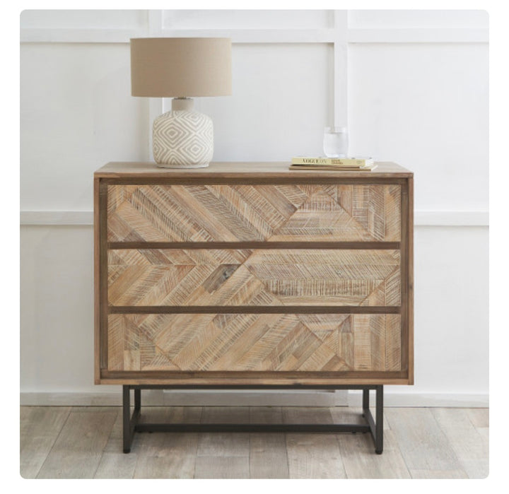 “Marca 3 drawer unit in sand wash acacia and black metal”