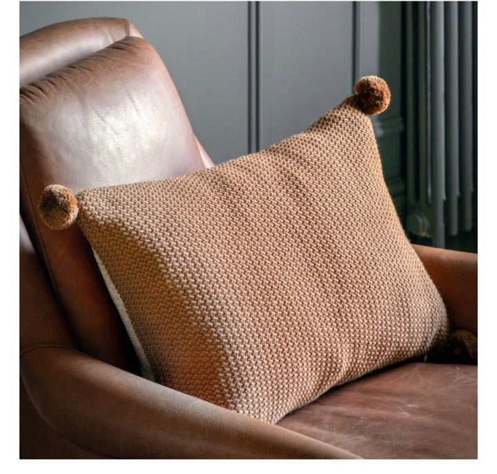 Moss Stitch PomPom Cushion/Brown