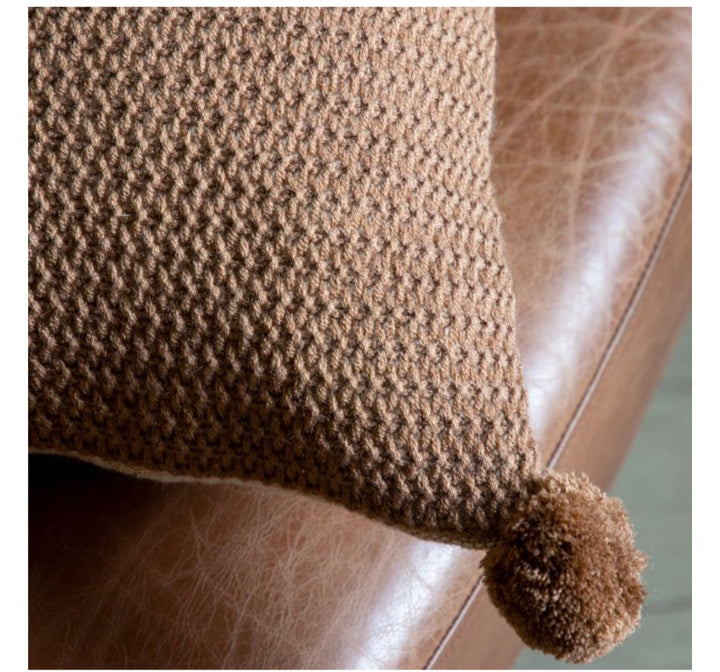 Moss Stitch PomPom Cushion/Brown