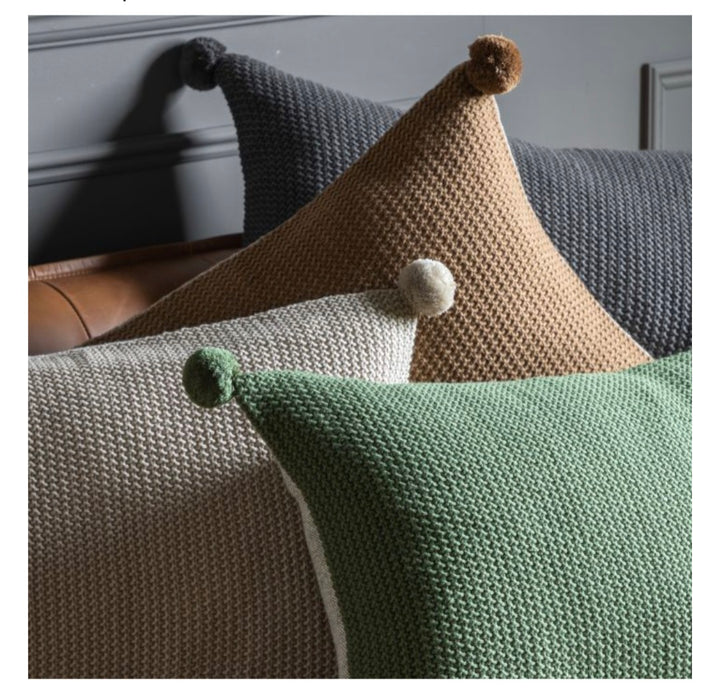 Moss Stitch PomPom Cushion/Brown