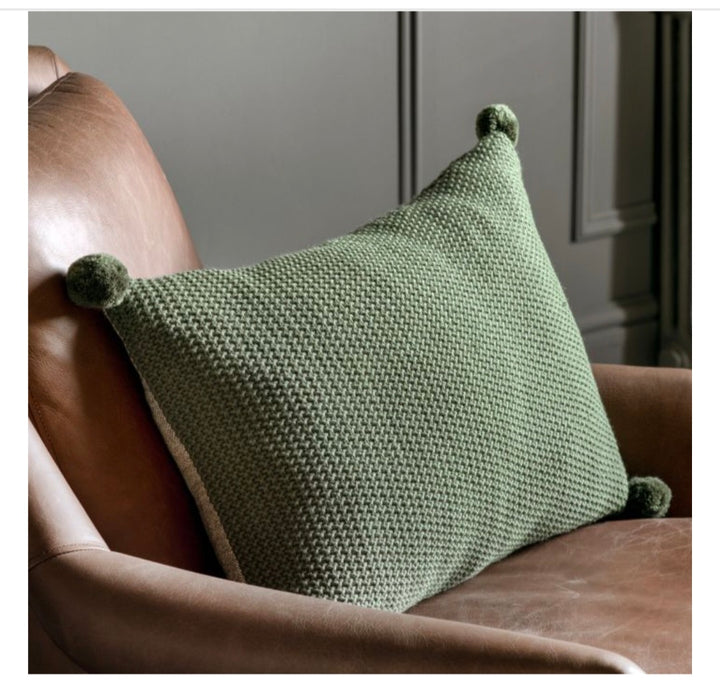 Moss Stitch PomPom Cushion/Green