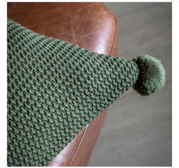 Moss Stitch PomPom Cushion/Green