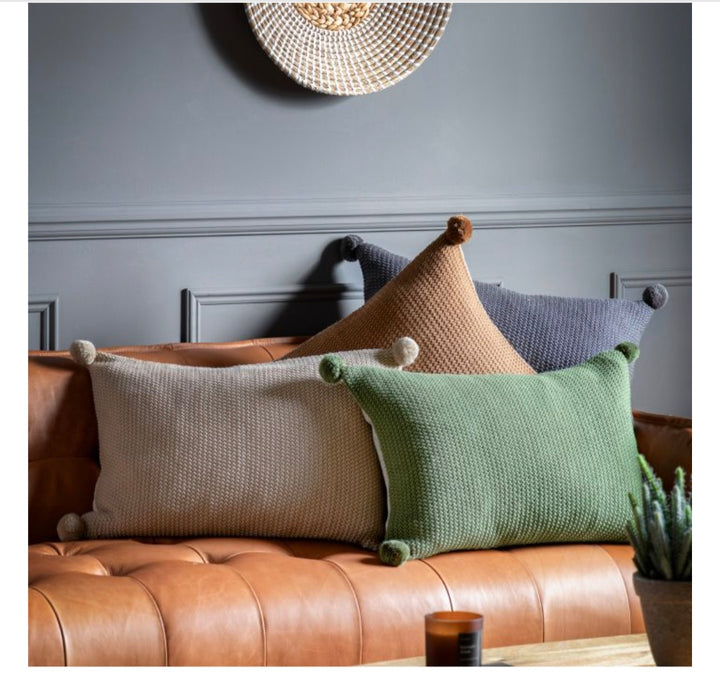 Moss Stitch PomPom Cushion/Green