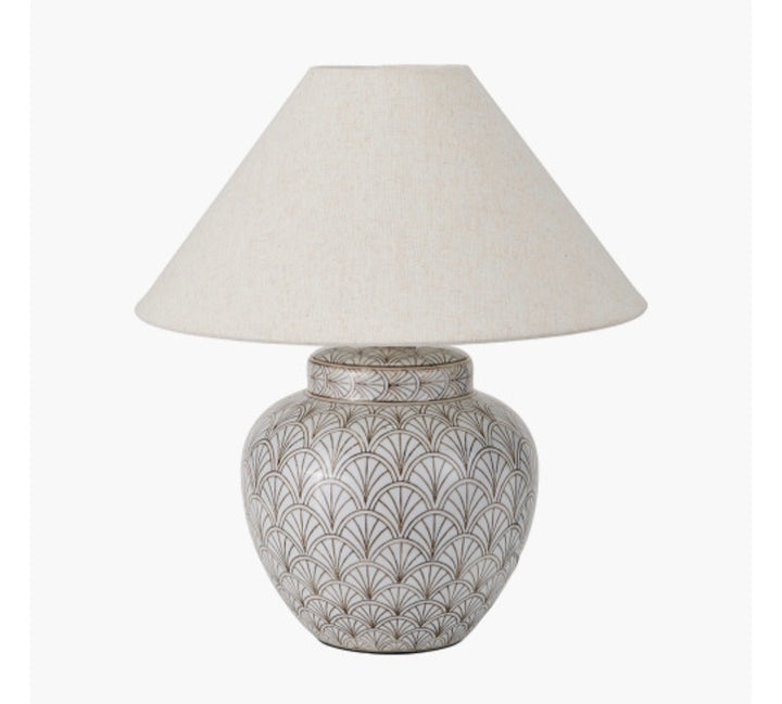 Barbier White Art Deco Fan Ceramic Table Lamp Base with Harley 45cm Slubby Hopsack Empire Lampshade