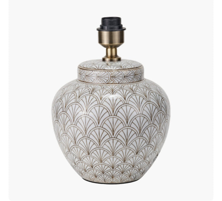 Barbier White Art Deco Fan Ceramic Table Lamp Base with Harley 45cm Slubby Hopsack Empire Lampshade