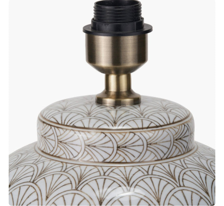 Barbier White Art Deco Fan Ceramic Table Lamp Base with Harley 45cm Slubby Hopsack Empire Lampshade