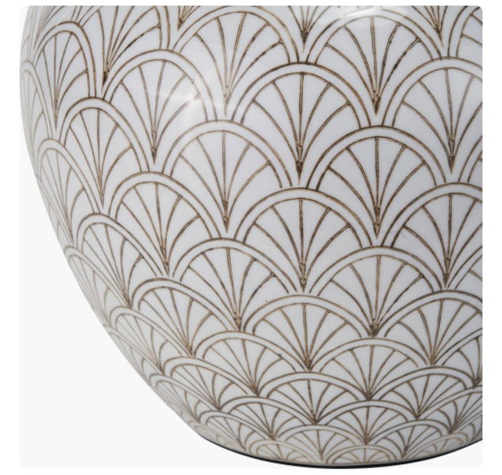 Barbier White Art Deco Fan Ceramic Table Lamp Base with Harley 45cm Slubby Hopsack Empire Lampshade