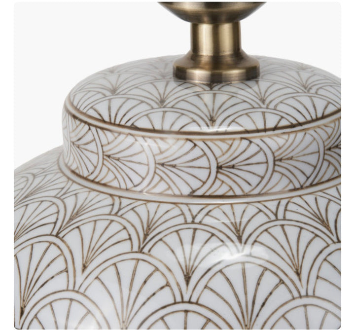 Barbier White Art Deco Fan Ceramic Table Lamp Base with Harley 45cm Slubby Hopsack Empire Lampshade