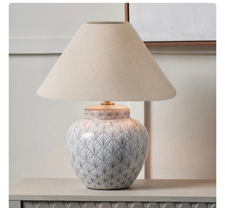 Barbier White Art Deco Fan Ceramic Table Lamp Base with Harley 45cm Slubby Hopsack Empire Lampshade