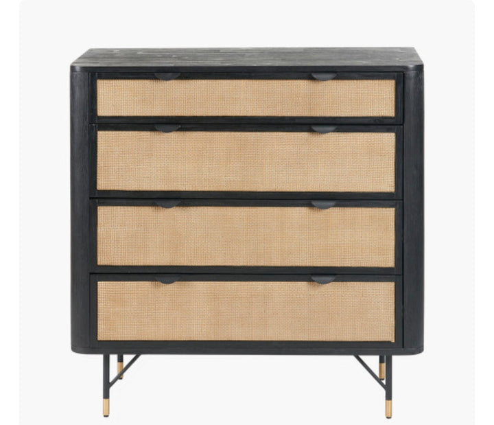 Fiji Black Acacia Wood and Natural Rattan 4 Drawer Unit