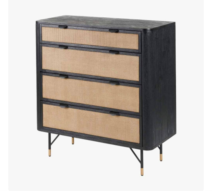 Fiji Black Acacia Wood and Natural Rattan 4 Drawer Unit