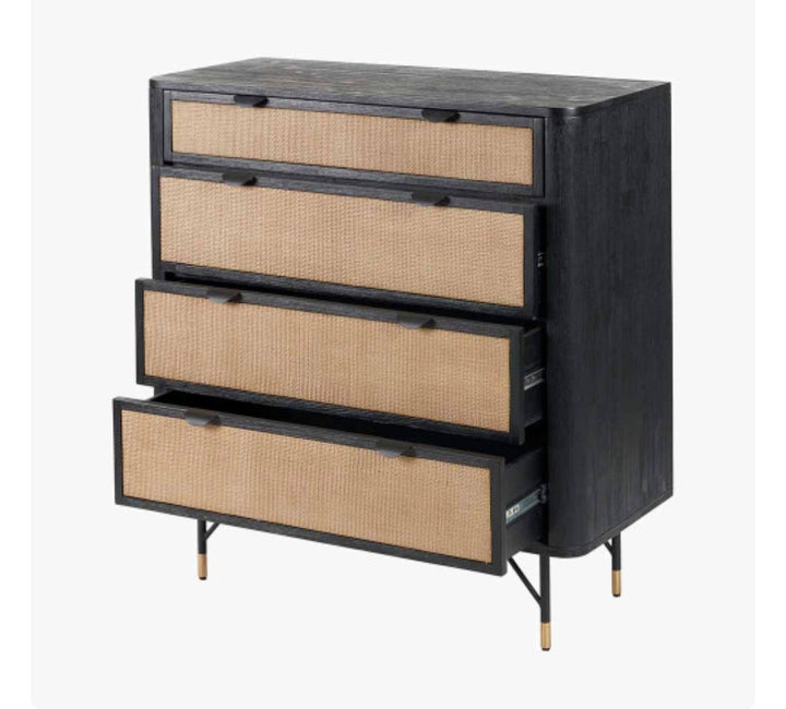 Fiji Black Acacia Wood and Natural Rattan 4 Drawer Unit