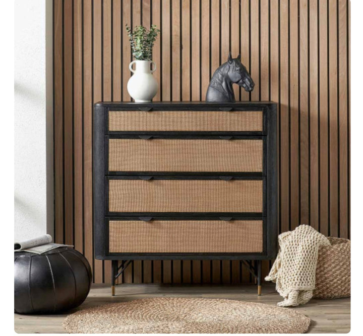 Fiji Black Acacia Wood and Natural Rattan 4 Drawer Unit