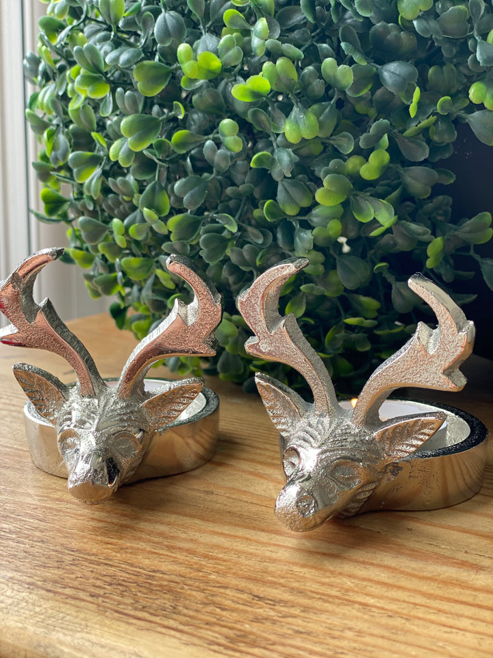 Pair of Silver Stag Tea Light Holders
