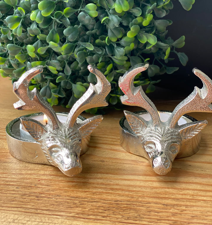 Pair of Silver Stag Tea Light Holders