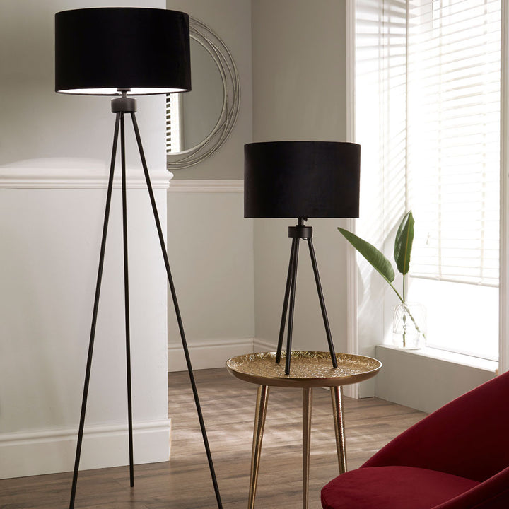 Houston Matt Black Metal Tripod Floor Lamp 159cm