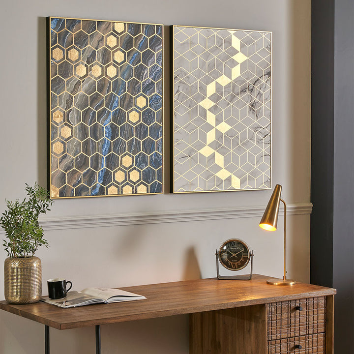 White and Grey Marble Effect and Gold Geo Pattern Canvas