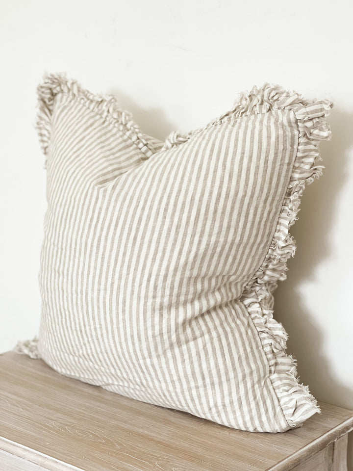 Ruffled Linen Cushion Cover 55cm×55cm – Beige Stripe