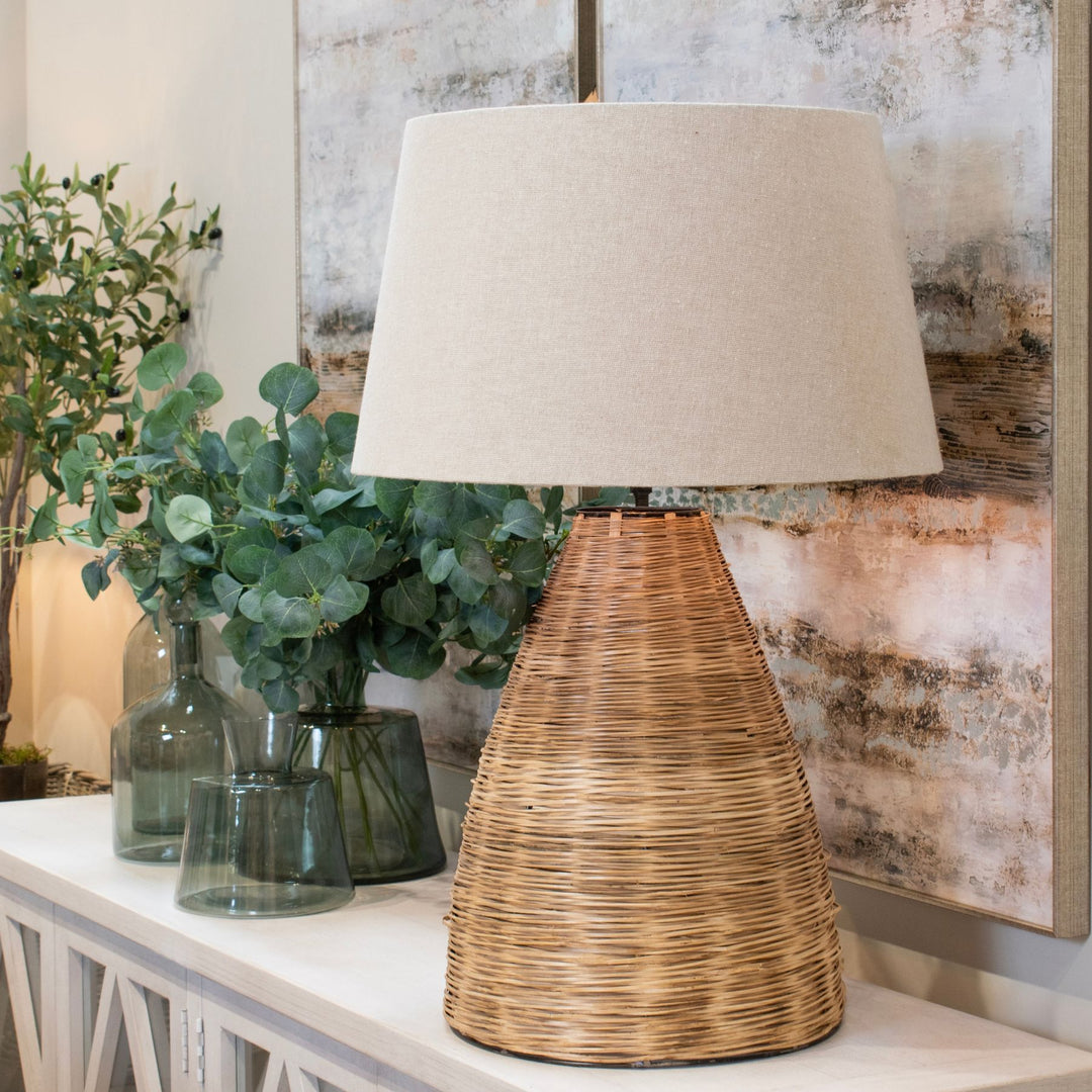 Conical Wicker Table Lamp With Linen Shade