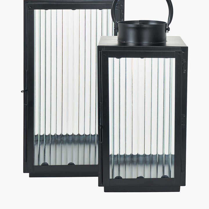 S/2 Black Metal and Ribbed Glass Lanterns