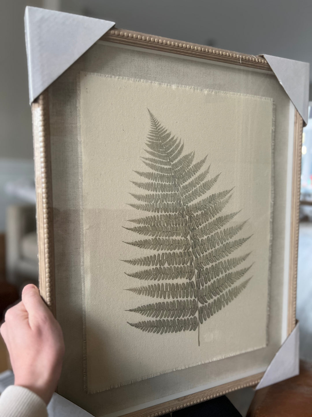 Fern Art On Texture-Torn Paper With Neutral Beaded Frame 50cm