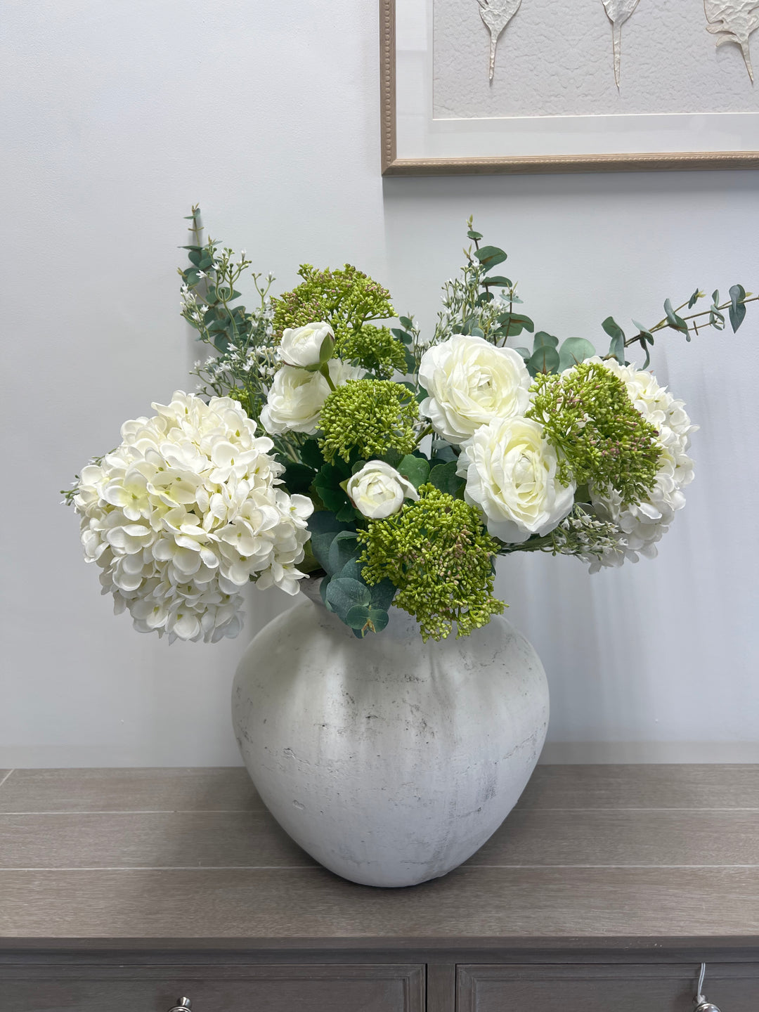 Serenity Bloom faux flower arrangement with white hydrangeas and eucalyptus