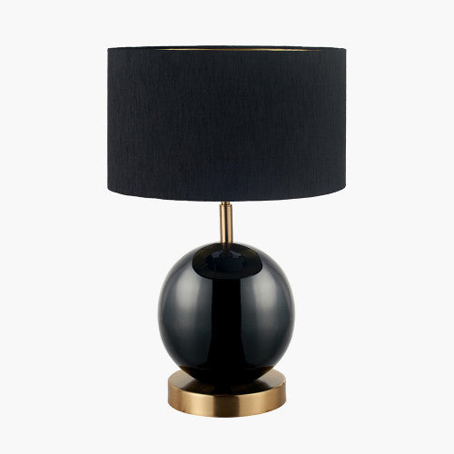 Sofia Black and Gold Enamel Table Lamp Base with Stellan 35cm Black Slubbed Silk Mix Gold Lined Cylinder Lampshade