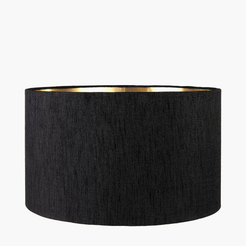 Sofia Black and Gold Enamel Table Lamp Base with Stellan 35cm Black Slubbed Silk Mix Gold Lined Cylinder Lampshade