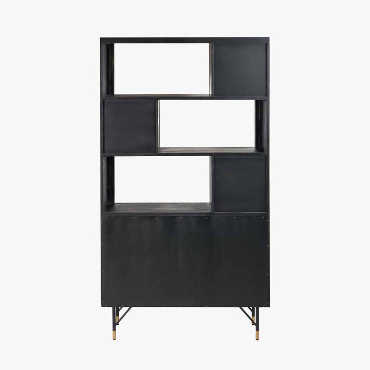 Fiji Black Acacia Wood and Natural Rattan 2 Door 6 Niche Shelf Unit