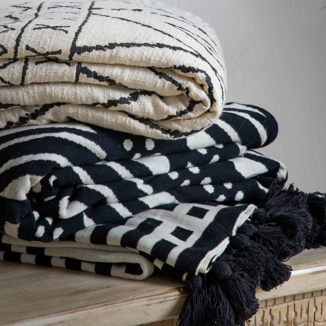 Black And Cream Knitted Tassel Throw