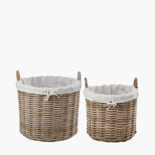 Tobs S/2 Grey Kubu Rattan Lined Round Log Baskets