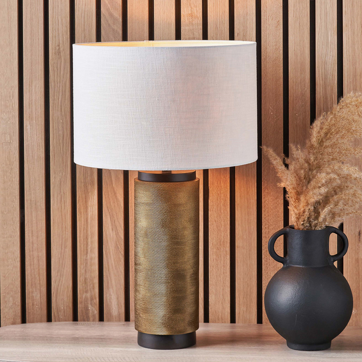 Aurelio Brass and Black Metal Textured Table Lamp Base with Lino 35cm White Self Lined Linen Cylinder Lampshade
