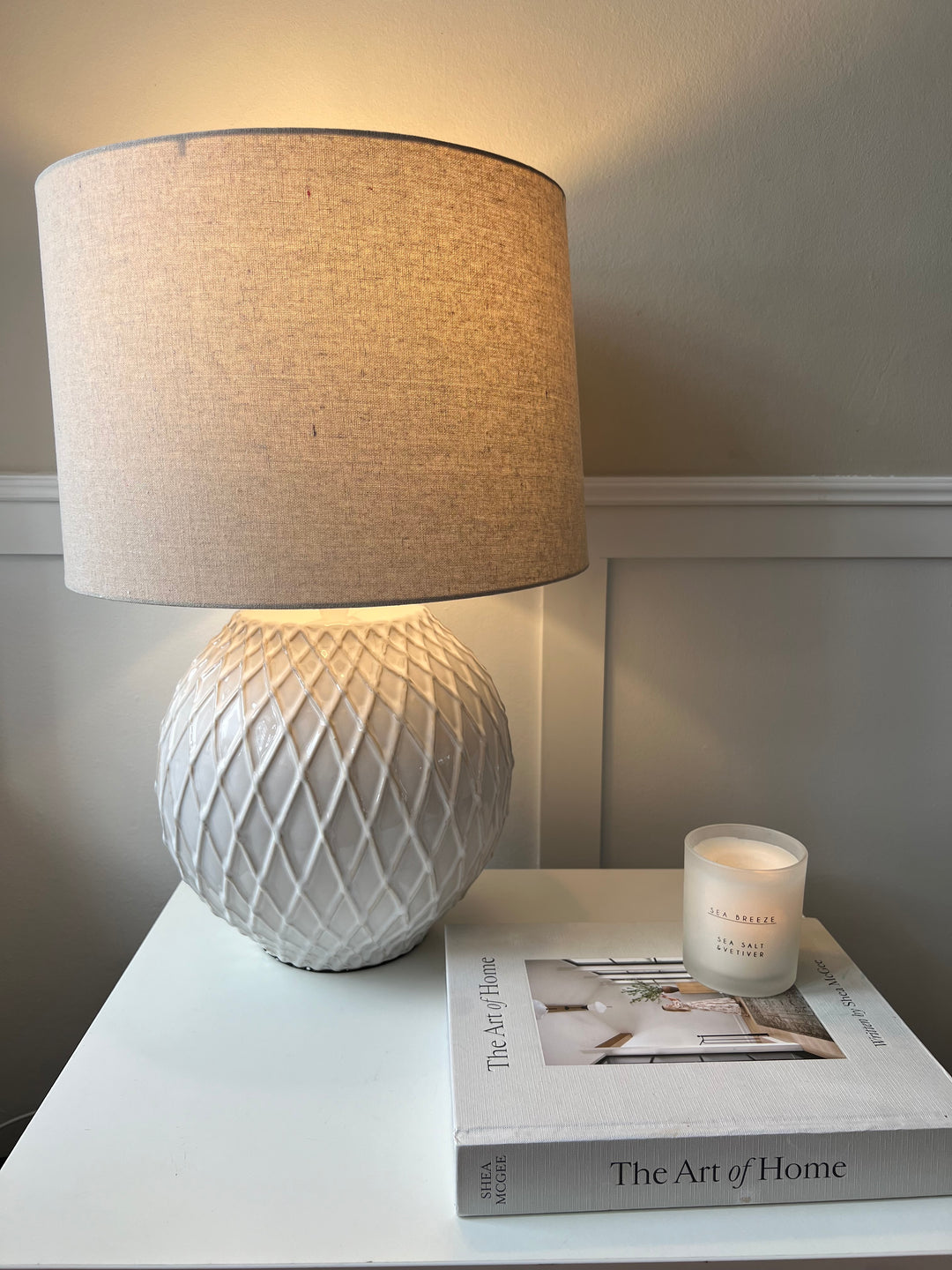 Lattice Ceramic Table Lamp With Linen Shade