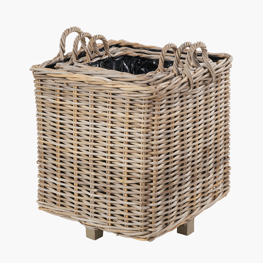 Tobs Set of 3 Indoor Outdoor Grey Kubu Rattan Square Basket Planters with Handles