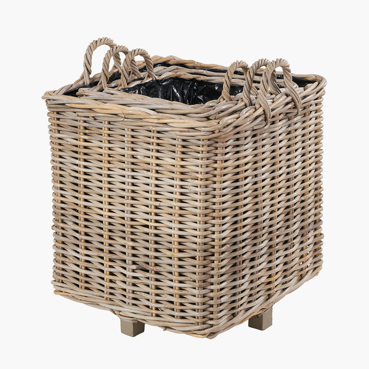Tobs Set of 3 Indoor Outdoor Grey Kubu Rattan Square Basket Planters with Handles