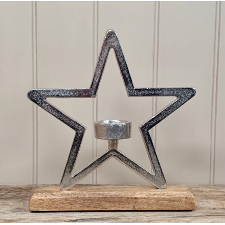 Star On Wood Base T-light Holder, 25cm